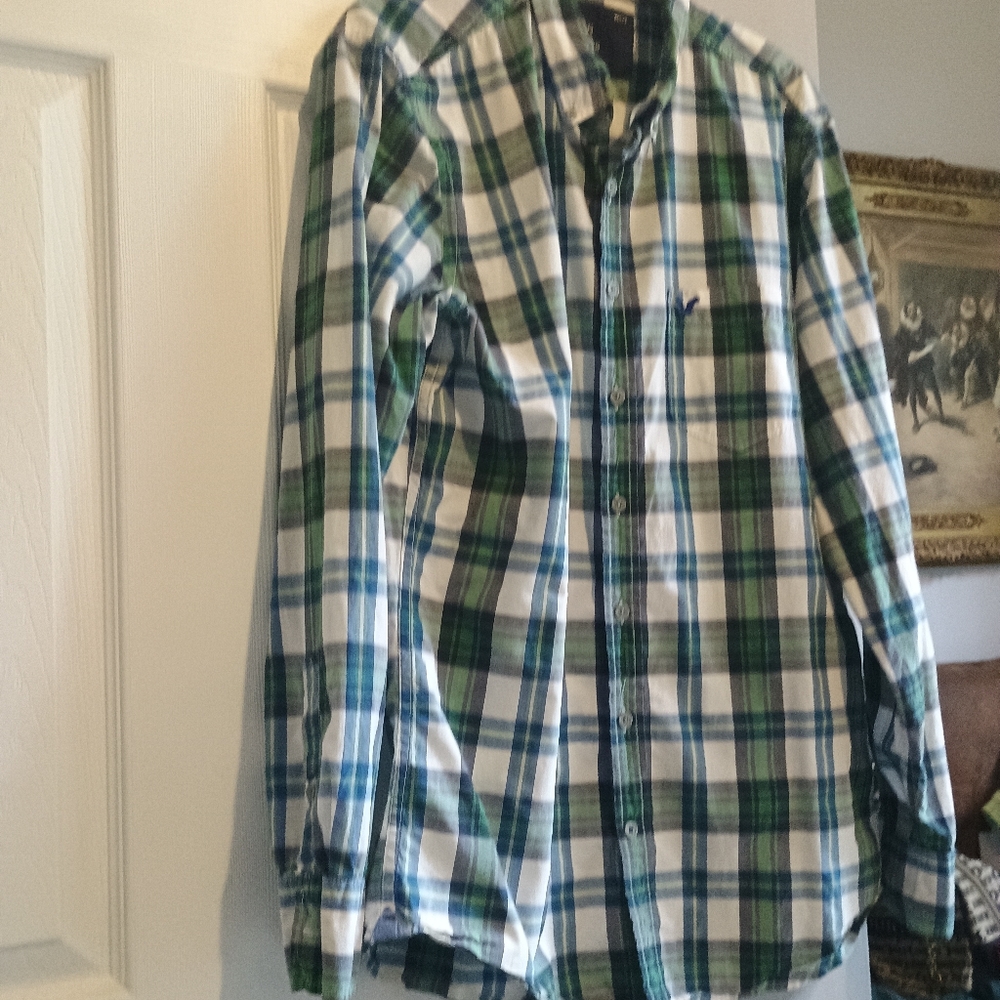 American Eagle Outfitters LT Plaid Shirt Green Blue‎ White Button Front Athletic - Picture 4 of 12